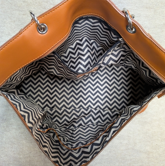 Co-Lab Cognac Leather TOTE Messenger Crossbody Bag Purse Detachable Straps Mid - Picture 6 of 12